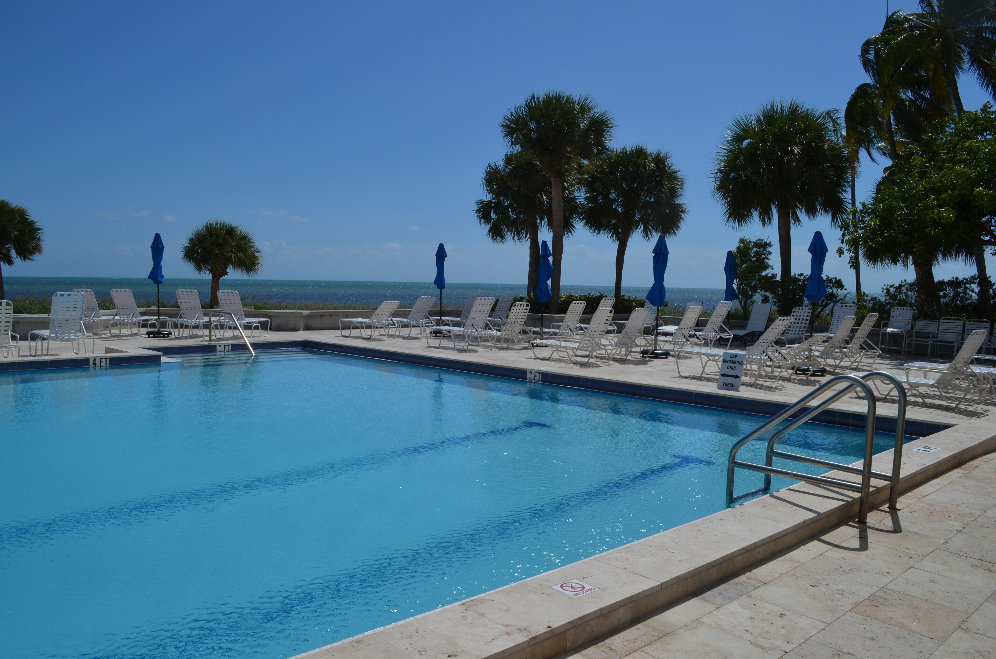 A pool with lounge chairs and palm trees, a clear sky, and a view of the ocean.