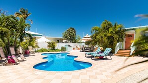 Une piscine avec des chaises longues et des palmiers.