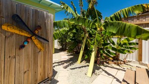 Une clôture en bois ornée d’une décoration représentant une chauve-souris jaune et noire, un bananier et un ciel bleu clair.