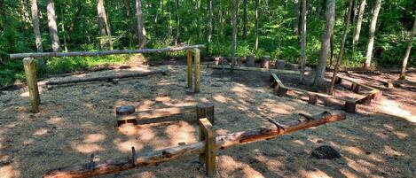 A forested area with wooden structures, possibly for outdoor activities.