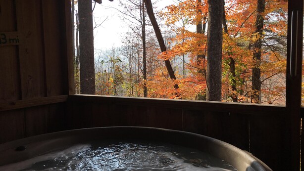 Un jacuzzi con vista a árboles otoñales a través de una ventana.