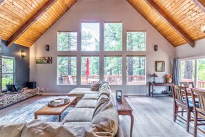 TV connectée, cheminée, lecteur de DVD, livres