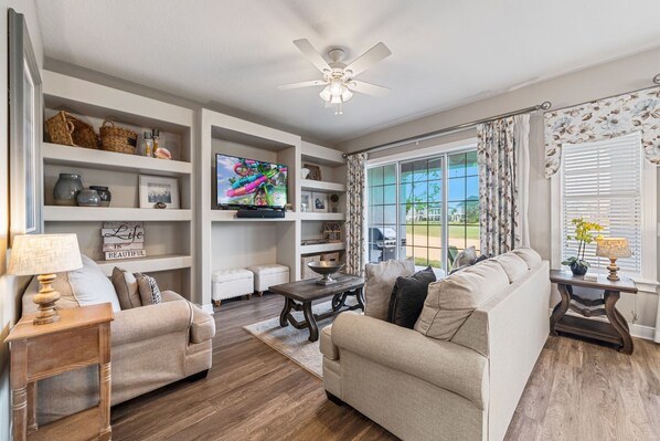 TV, fireplace, foosball