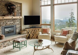 Televisión, chimenea, reproductor de DVD y estéreo 