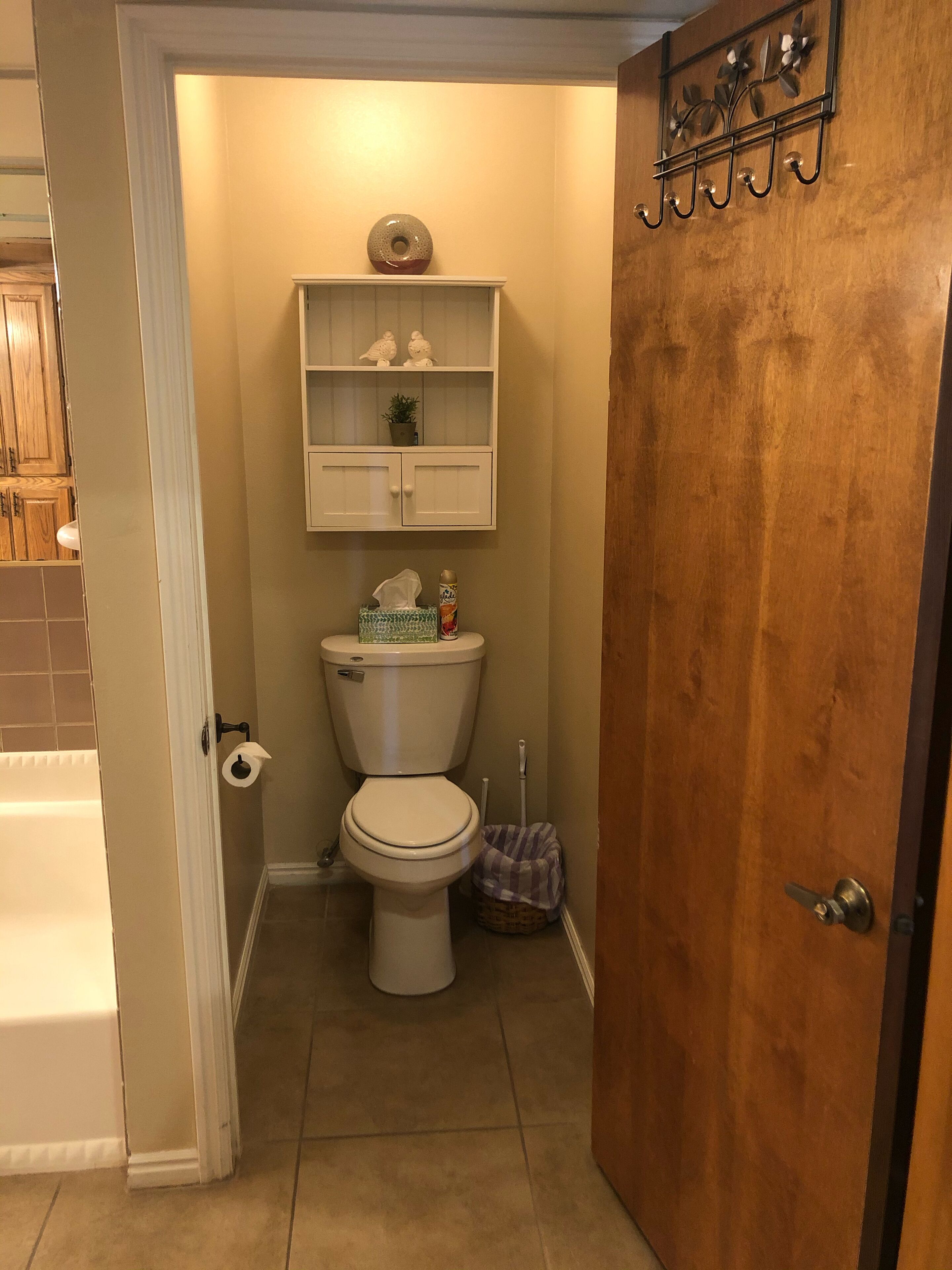 A small bathroom with a toilet, a shelf above the toilet, and a wooden door.