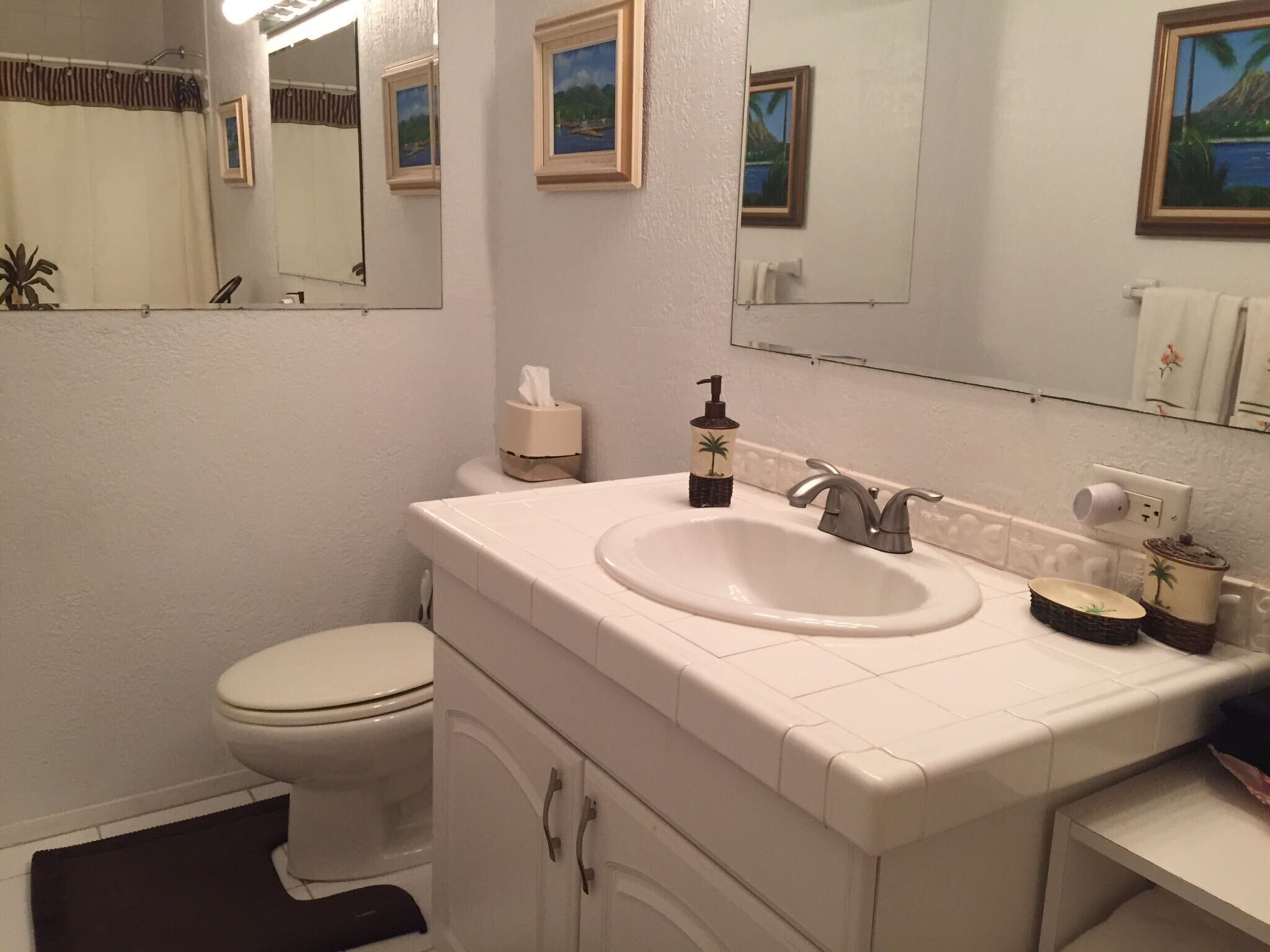 Un bagno con lavandino bianco, un water e uno specchio. Alle pareti si vedono quadri incorniciati e un portascopevoli.