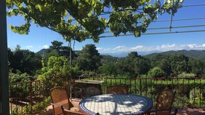 An outdoor patio with wicker furniture and a tiled table, overlooking a lush landscape with trees and distant mountains.