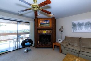 Flat-screen TV, fireplace, DVD player