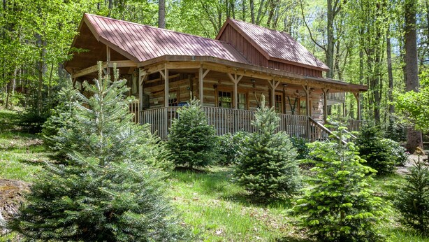 A rustic cabin with a porch, surrounded by dense forest and evergreen trees. - Log Cabin with Private Outdoor Hot Tub (Hot Springs)