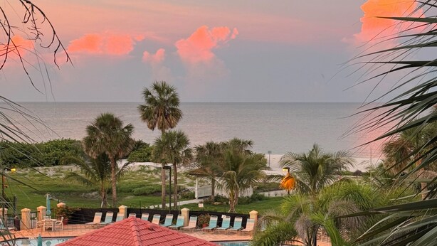 Un resort con piscina, palme e vista sull'oceano.