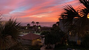 Tramonto con palme e spiaggia sullo sfondo.