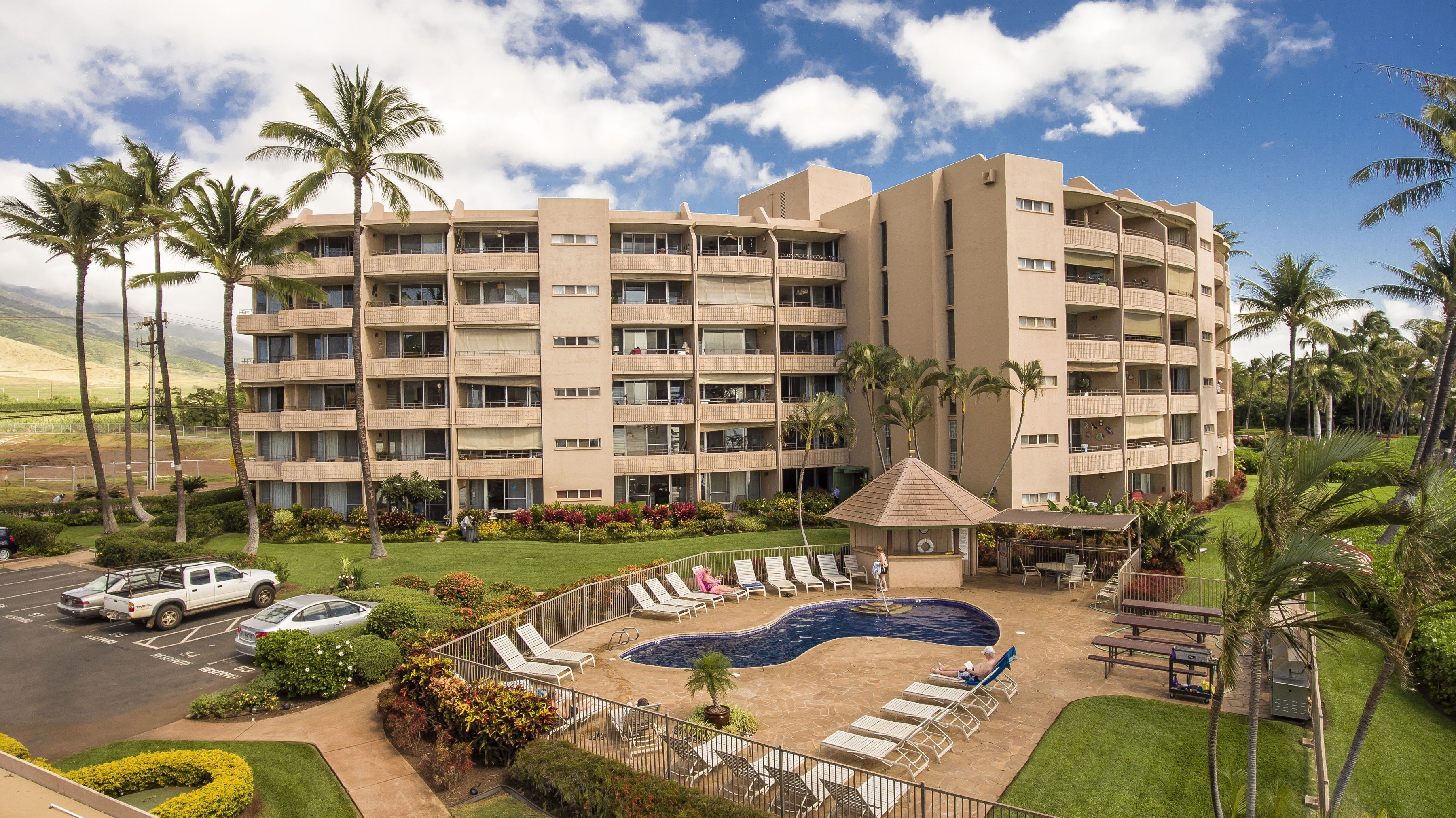 Un hotel de varios pisos con piscina, sillones de descanso y palmeras.