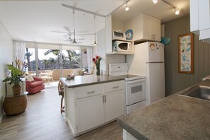 Frigorífico, microondas, horno y placa de cocina