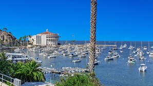 A marina with numerous boats docked, a prominent building with a red roof, and a clear blue sky.