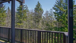 A wooden deck with a railing overlooking a forested area.