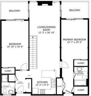 A floor plan with a living/dining room, primary bedroom, balcony, closet, kitchen, bathroom, and entryway. - Greystone Lodge 317 Ski-in/Out by Acer Vacations (Whistler)