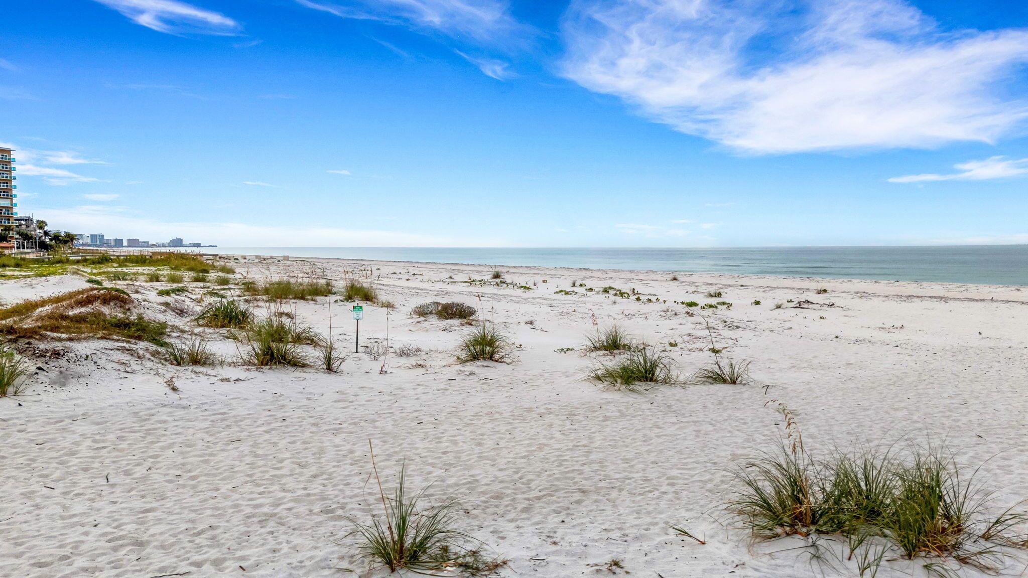 Une plage de sable avec une végétation clairsemée et un ciel dégagé.