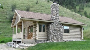 Une cabane en rondins avec une cheminée en pierre, une véranda et une vue sur une colline verdoyante.