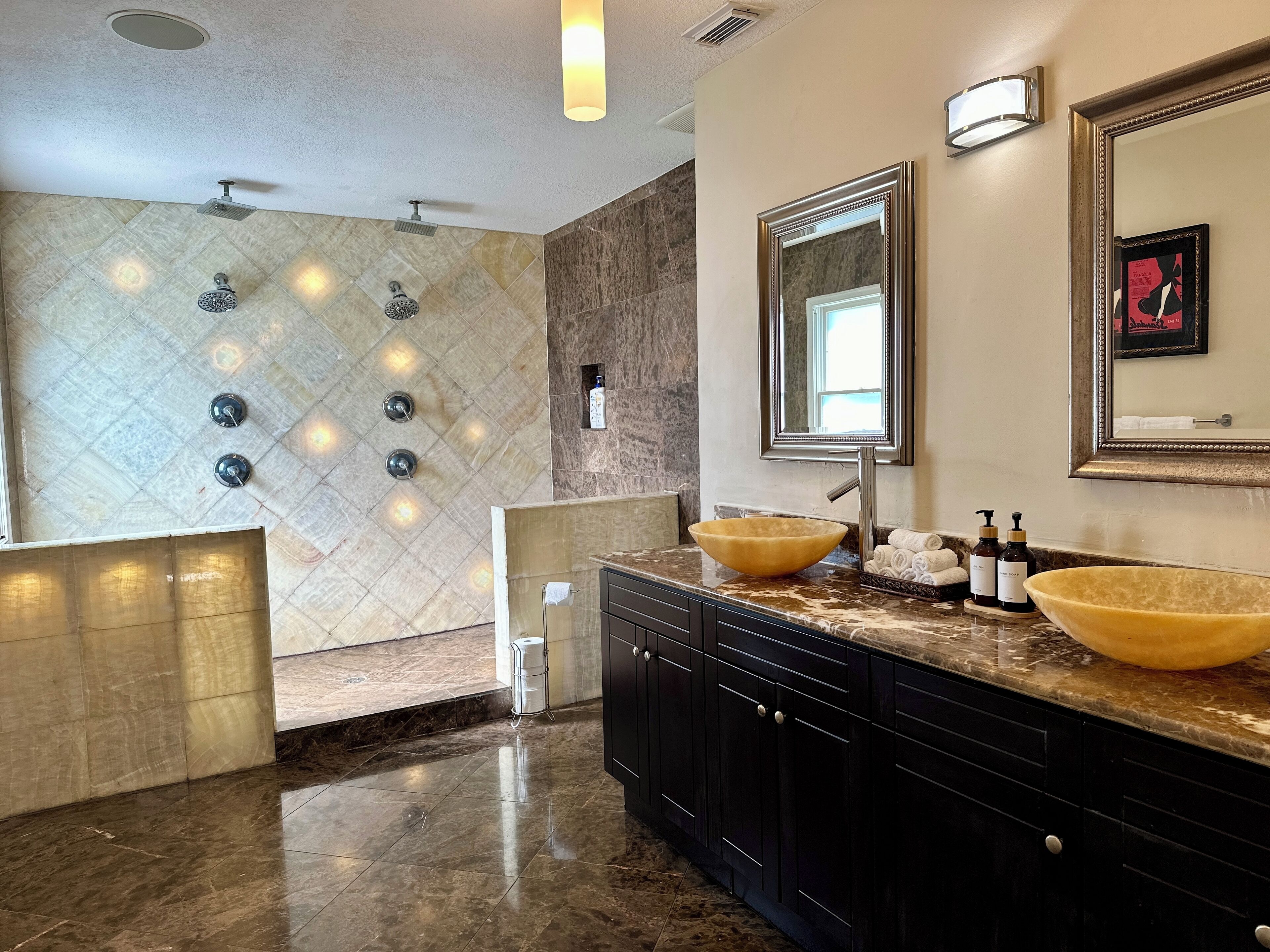 Combined shower/tub, hair dryer, towels, soap