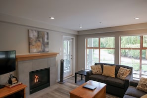 Living area with fireplace and TV