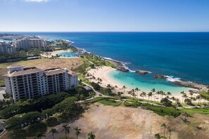 Enjoy stunning ocean views from this beachfront hotel, where a sandy beach and palm trees create a serene atmosphere.
