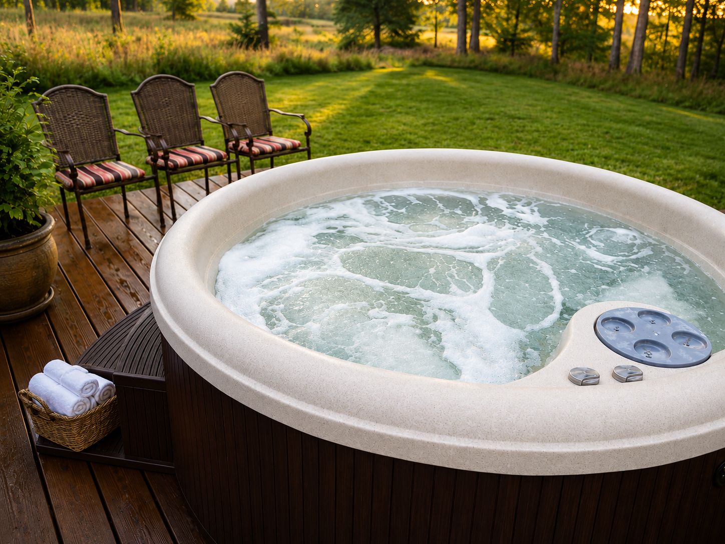 A hot tub on a wooden deck with chairs and a basket of towels.