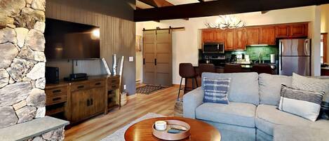 Televisio, takka, DVD-soitin, videokirjasto