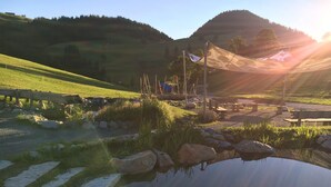 Un cadre paisible au bord d’un lac, avec une terrasse en bois, un petit étang et un espace pique-nique équipé de bancs.