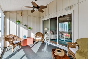 Smart TV, fireplace, books, video library