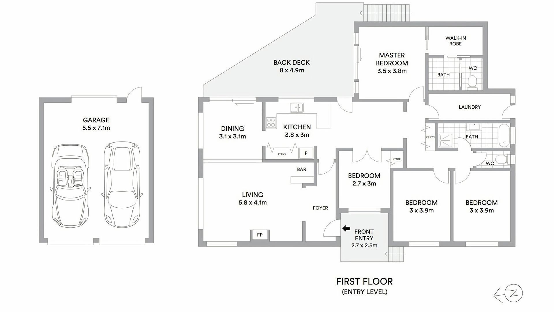 A first-floor layout of a residential property including a garage, dining, kitchen, living room, bedrooms, and a master bedroom.