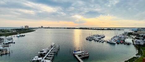 A marina with boats docked, a pier, and a beach with surfboards.
