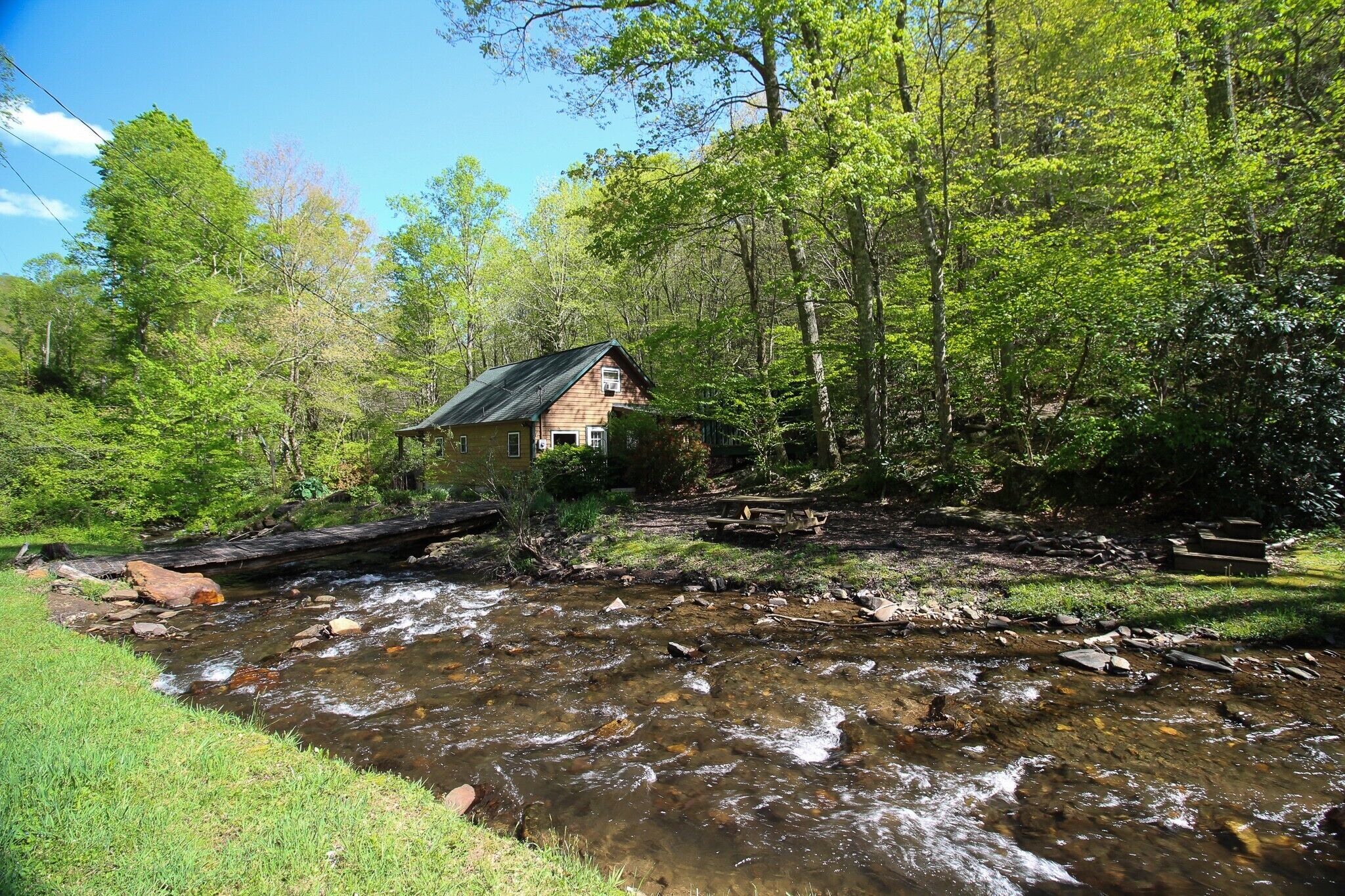 Une cabane située au bord d’un ruisseau, entourée d’une forêt dense.