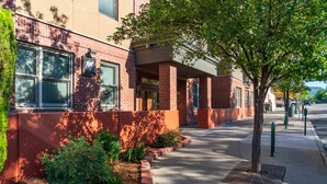 A building with brick exterior, large windows, and a sidewalk with a tree and planter.