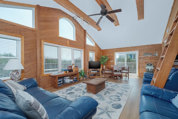 Flat-screen TV, fireplace, DVD player, books