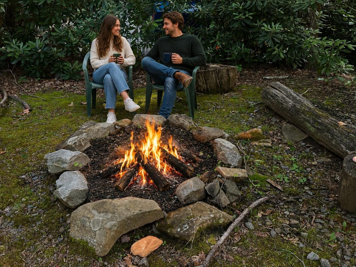Two people sitting by a campfire in a garden with greenery in the background.