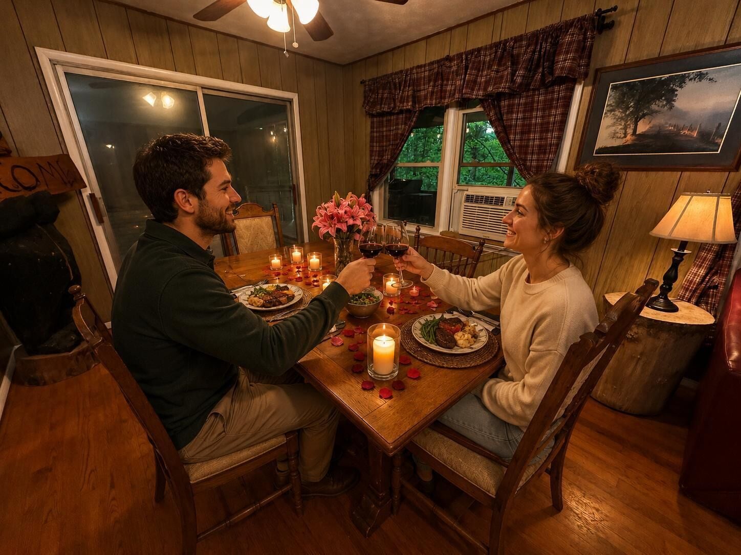 A dining room with a wooden table, chairs, candles, and a framed picture on the wall.