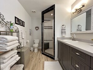 Combined shower/tub, hair dryer, towels, soap