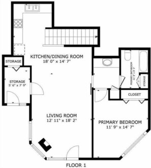 A floor plan of a 1-bedroom apartment with a kitchen, dining area, living room, and primary bedroom. - Wintergreen 27 by Acer Vacations (Whistler)