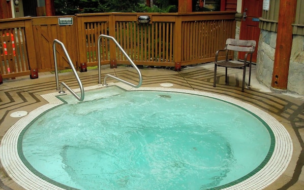 A circular pool with a tiled edge, a wooden deck, and a metal ladder.