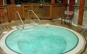 A circular pool with a tiled edge, a wooden deck, and a metal ladder.