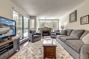 TV, fireplace - Acer Vacations | Large 2 Bedroom | Ski-in/Out | Hot Tub | Pool | W/D | Wifi | Greystone Lodge (Whistler)