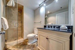 Shower, hair dryer, shampoo