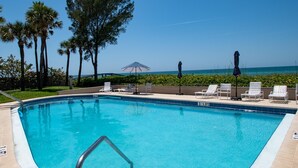 Ein rechteckiger Swimmingpool mit klarem, blauem Wasser, umgeben von Liegestühlen und Sonnenschirmen, mit Blick auf den Ozean und Palmen im Hintergrund.