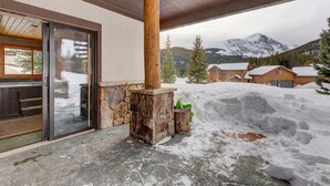 A stone fireplace with a wooden column, a glass door leading to a room, and a snowy mountain backdrop.