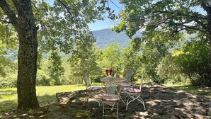 A rustic outdoor dining area with a metal table and chairs, surrounded by trees and a mountain view. - Beautifully converted farmhouse alone on a tuscan hillside with stunning views (Cortona)