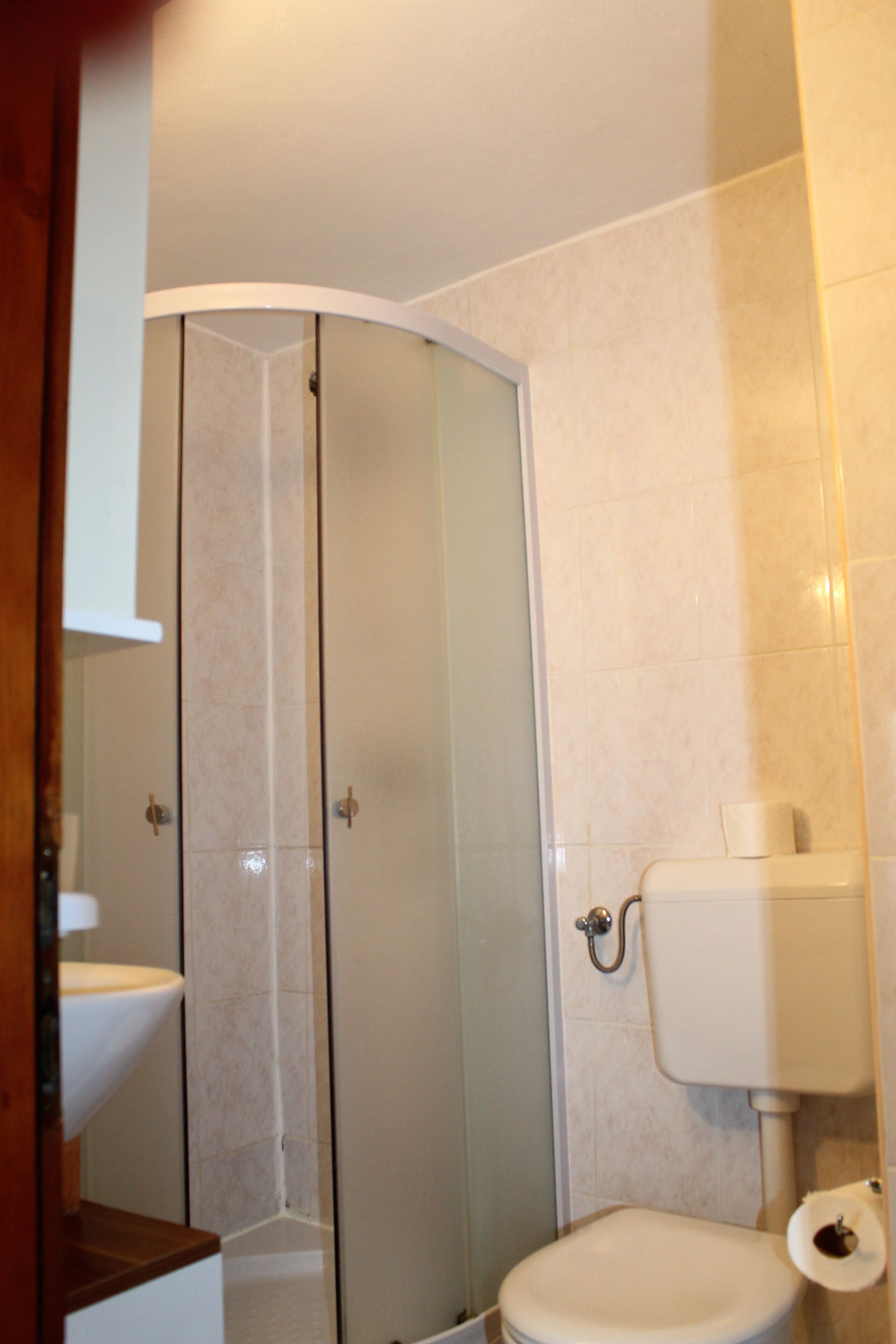 A bathroom with a toilet, a glass shower enclosure, and a white sink.