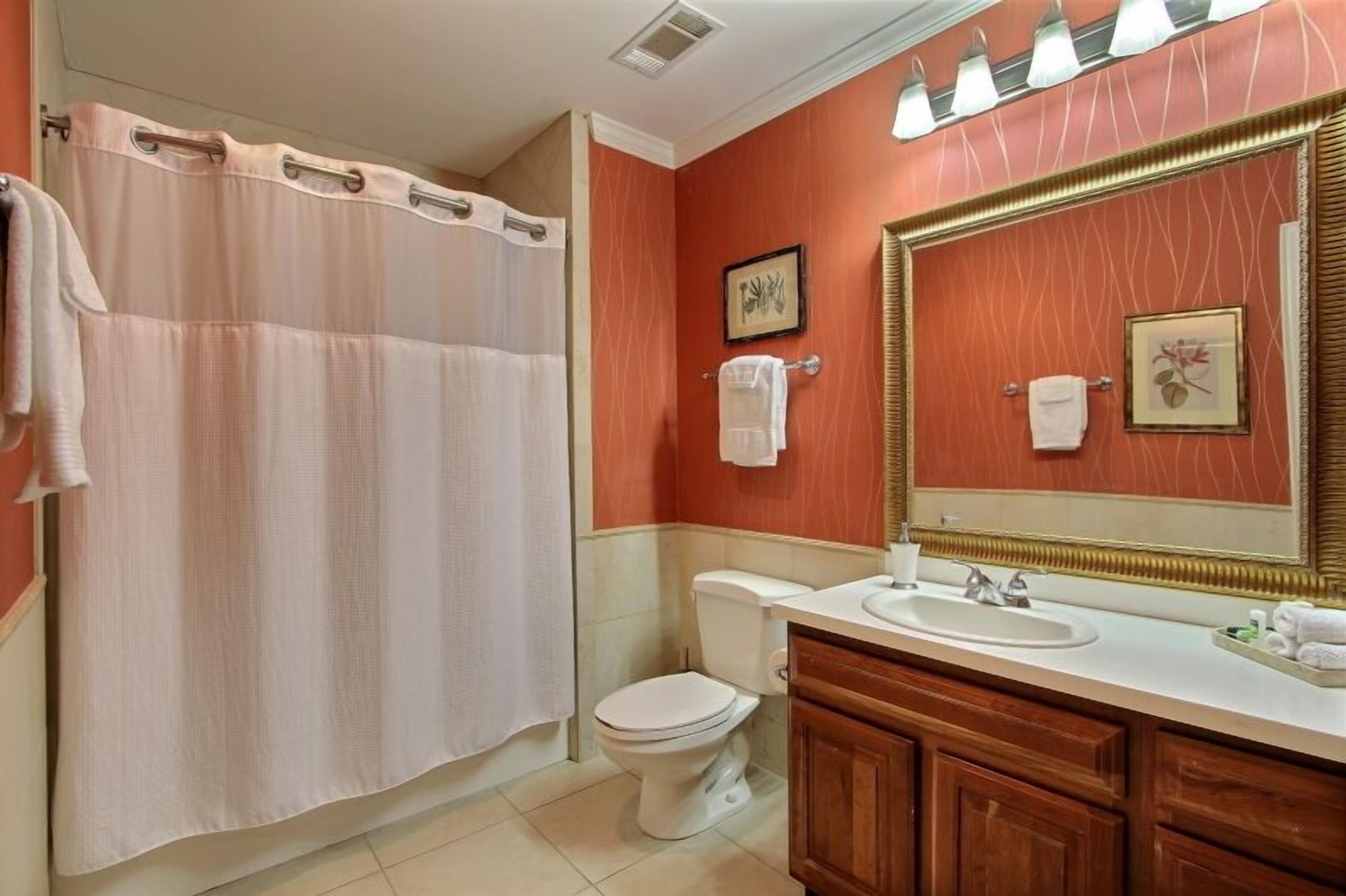 Un baño con cortina de ducha, inodoro, lavabo y tocador.