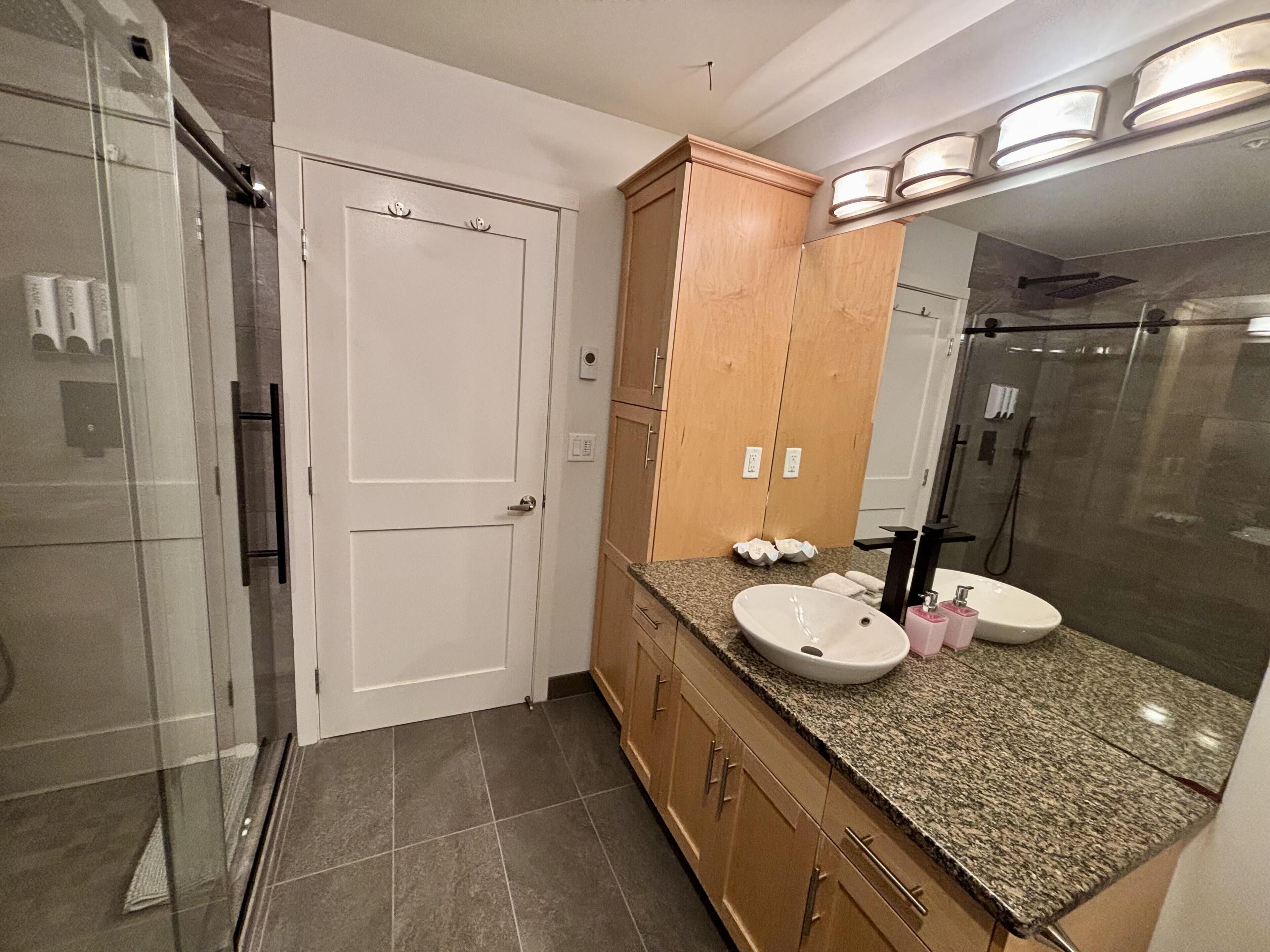 Shower, towels, soap, shampoo