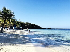 A beach with white sand, palm trees, and clear blue water. - Located among the woods on a “country“ road leading West Bay Beach (Roatan)