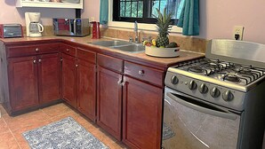 A kitchen with wooden cabinets, a gas stove, a microwave, a sink, and a window with curtains. - Located among the woods on a “country“ road leading West Bay Beach (Roatan)